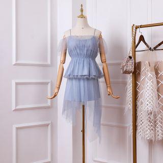 Set: Spaghetti Strap Mesh Overlay Peplum Top + A-line Skirt