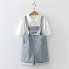 Short-sleeve Plain Shirt / Plaid Panel Jumper Shorts