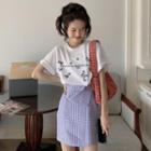 Butterfly Short-sleeve T-shirt / Plaid A-line Skirt