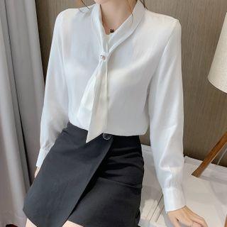 Long-sleeve Buttoned Mock-tie Blouse