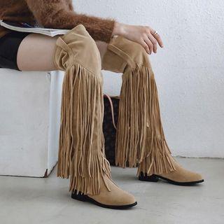 Fringed Trim Block Heel Over-the-knee Boots