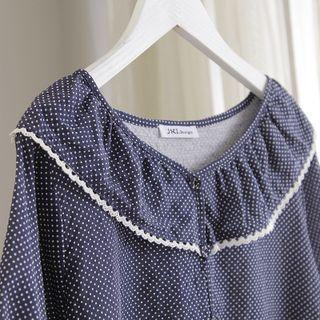 Two Tone Dotted Ruffle Oversize Blouse Navy Blue - One Size
