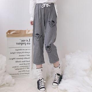 Embroidered Gingham Cropped Pants Black - One Size