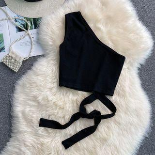 Plain Single Shoulder Tie Waist Crop Tank Top