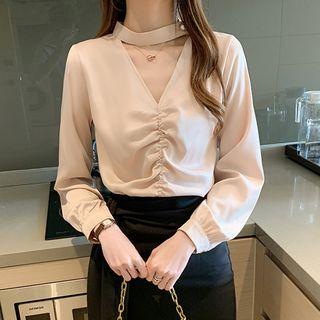 Balloon-sleeve Cutout Shirred Blouse