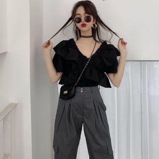 Ruffled Short-sleeve Cropped Blouse / Jogger Dress Pants