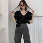 Ruffled Short-sleeve Cropped Blouse / Jogger Dress Pants
