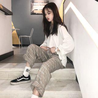 Crew-neck Long-sleeve T-shirt / Plaid Wide-leg Pants