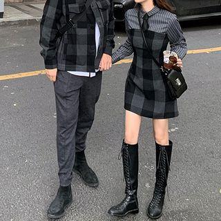 Couple Matching Check Button Jacket / Check Shirt Dress