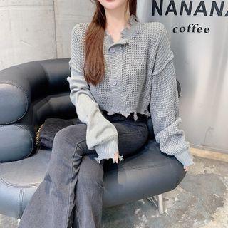 Round-neck Button-up Ripped Crop Cardigan