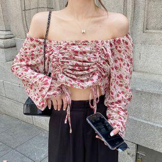 Off-shoulder Flower Print Drawstring Blouse Red - One Size