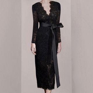 Long-sleeve Tie Front Midi Lace Sheath Dress