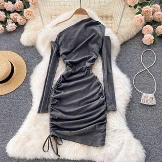 Off-shoulder Drawstring Ruched Long-sleeve Dress