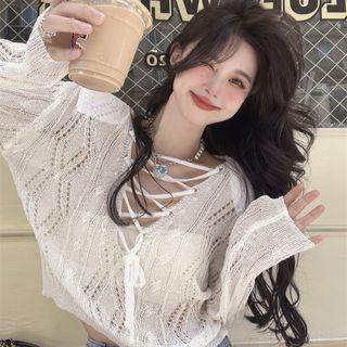 V-neck Plain Lace-up Cutout Knit Top