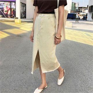 Slit-front Fray-hem Skirt