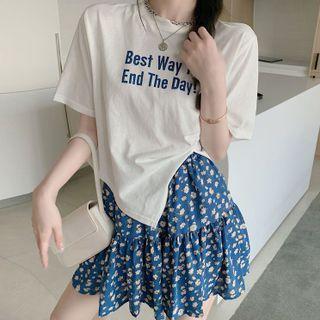 Elbow-sleeve Lettering T-shirt / Floral Print Mini A-line Skirt