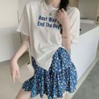 Elbow-sleeve Lettering T-shirt / Floral Print Mini A-line Skirt