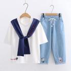 Cat Embroidered Elbow-sleeve T-shirt / Cat Embroidered Straight-cut Jeans / Set