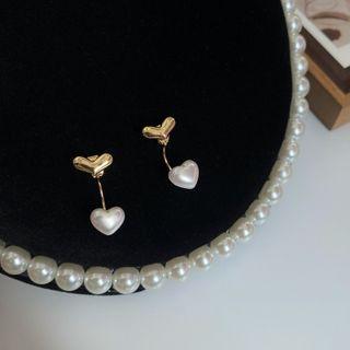 Heart Faux Pearl Alloy Dangle Earring 1 Pair - Stud Earring - S925 Silver Needle - Heart - Gold - One Size