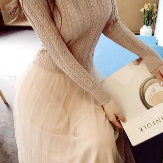 Mock Two-piece Mesh-overlay Midi Dress