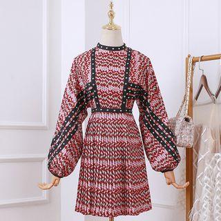 Lantern-sleeve Printed Midi Pleated Dress
