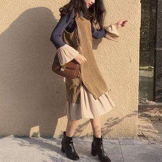 Set: Ruffled-trim Midi Dress + Corduroy Tank Dress