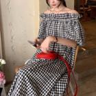 Elbow-sleeve Off Shoulder Plaid Dress Black & White - One Size