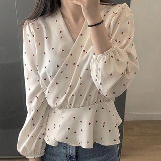Heart Print Long-sleeve Peplum Top