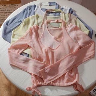 Mock Two-piece Cold-shoulder Tie-side T-shirt