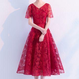 Short-sleeve Lace A-line Midi Prom Dress