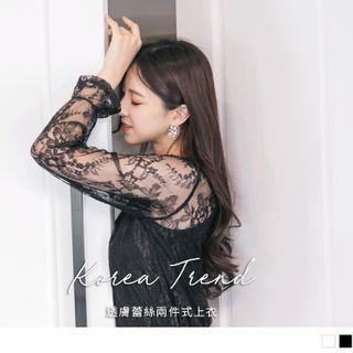 Long-sleeve Round Neck Lace Top With Camisole