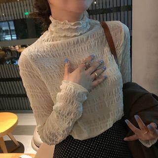 Long-sleeve Mock-neck Chiffon Top Light Almond - One Size