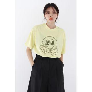 Smiley-printed Loose-fit T-shirt Yellow - One Size