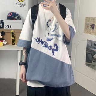 Elbow-sleeve Graphic Print Two-tone T-shirt