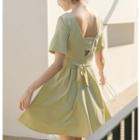 Short-sleeve Cutout Back Tie Waist A-line Dress