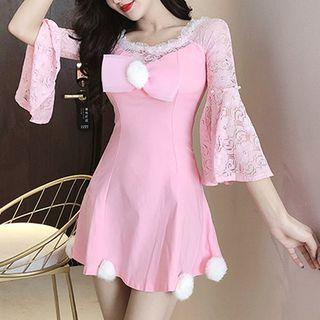 Pom Pom Lace Panel 3/4-sleeve A-line Dress
