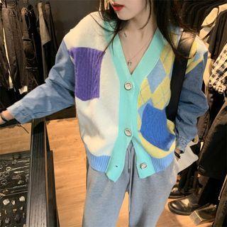 Argyle Color Block Cardigan White & Yellow - One Size