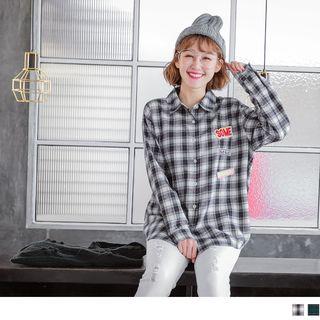 Lettering Applique Plaid Shirt