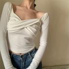 Plain Ruched Cropped Long-sleeve Top White - One Size