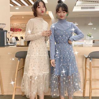 Set: Long-sleeve T-shirt + Spaghetti-strap Sequin Star Mesh Dress