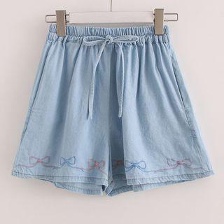 Bow Embroidered Wide-leg Denim Shorts