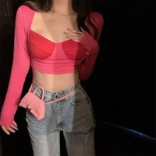 Long-sleeve Two-tone Cropped Top Pink - One Size