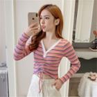 Long-sleeve Striped Drawstring Front Knit Top