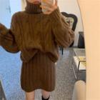Long-sleeve High-neck Plain Cable Knit Sweater / Mini Knit Skirt