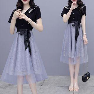 Collared Short-sleeve Mesh Midi A-line Dress