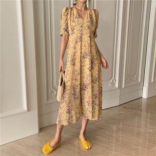 Floral Print Elbow-sleeve Midi Dress Yellow - One Size