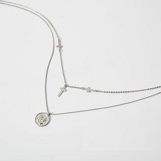 925 Sterling Silver Coin & Cross Pendant Layered Necklace