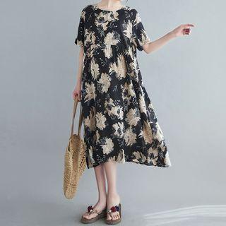 Elbow-sleeve Floral Print Dress Black - One Size
