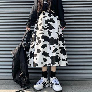 Milk Cow Print Midi A-line Skirt