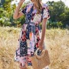 Colour Block Short-sleeve Midi A-line Dress